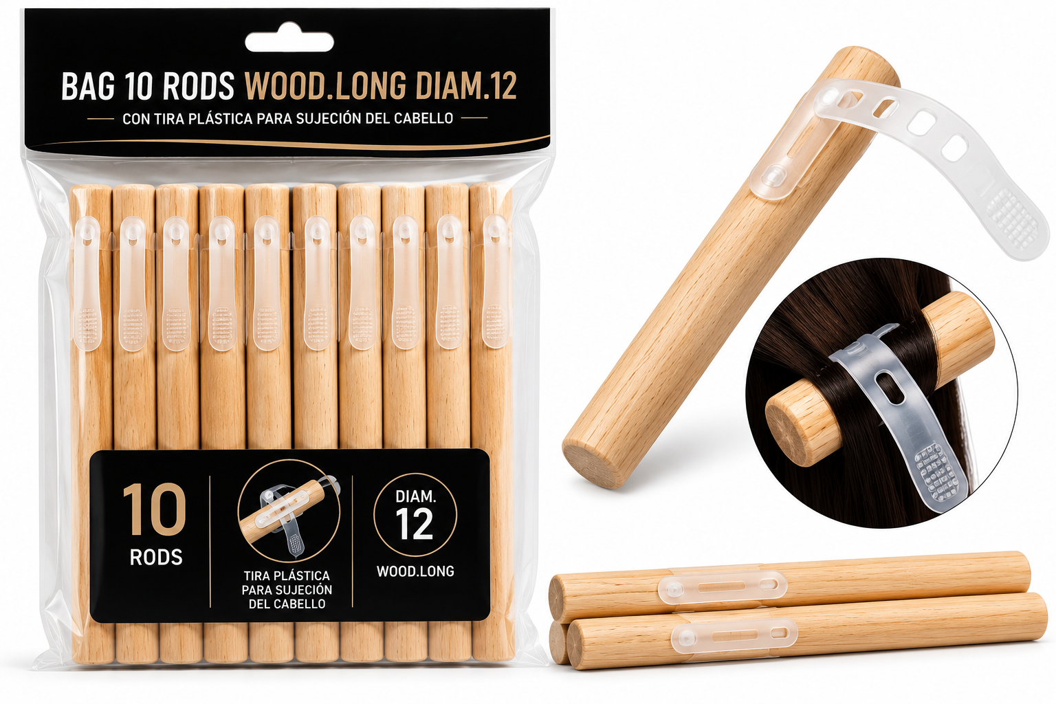 Wooden hair rods with plastic straps